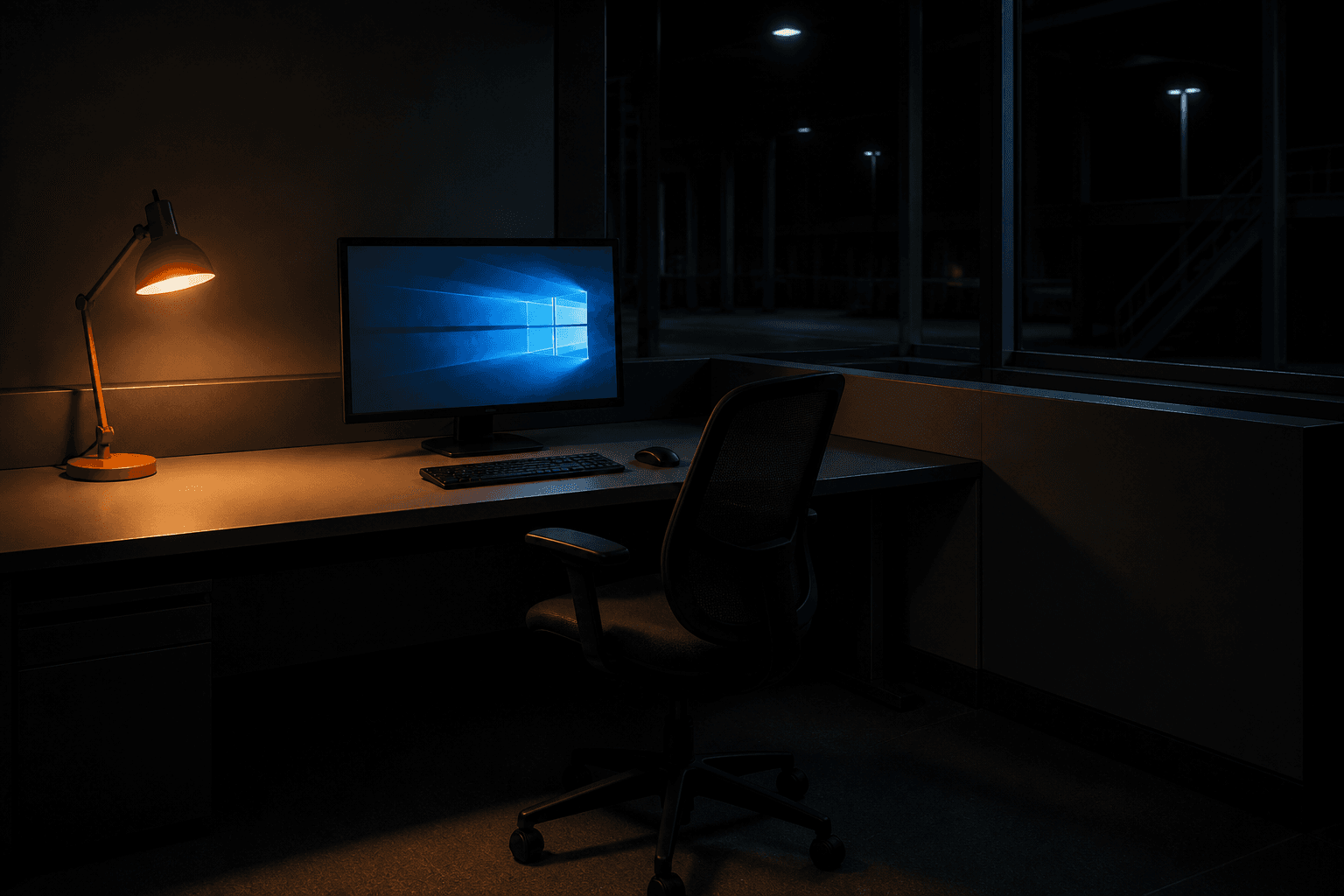 An empty chair at a Windows operator desk